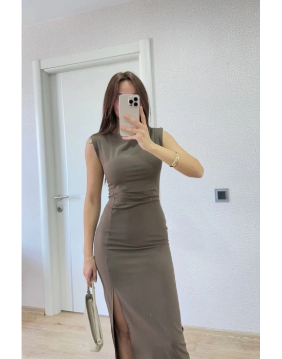 Yırtmaç Detaylı Kolsuz Elbise  Antrasit