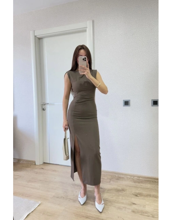 Yırtmaç Detaylı Kolsuz Elbise  Antrasit