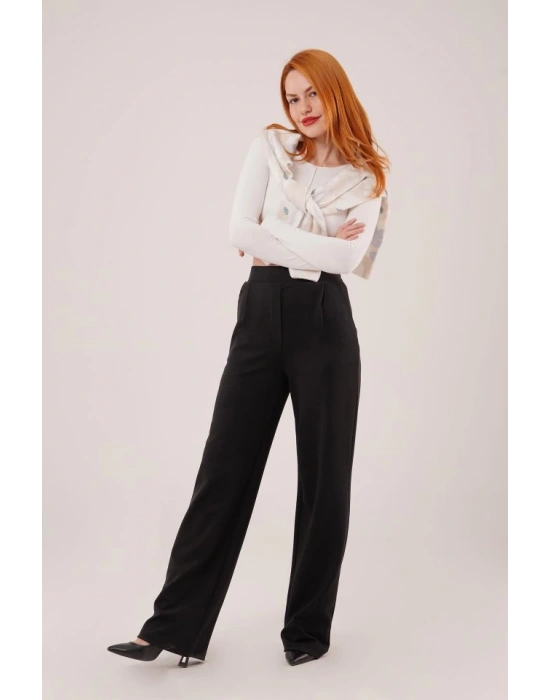 Yüksek Bel Bol Paça Krep iyah Pantolon