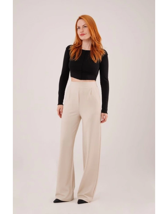 Yüksek Bel Bol Paça Krep Krem Pantolon