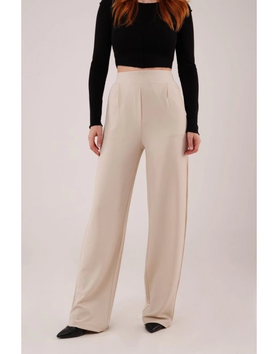 Yüksek Bel Bol Paça Krep Krem Pantolon
