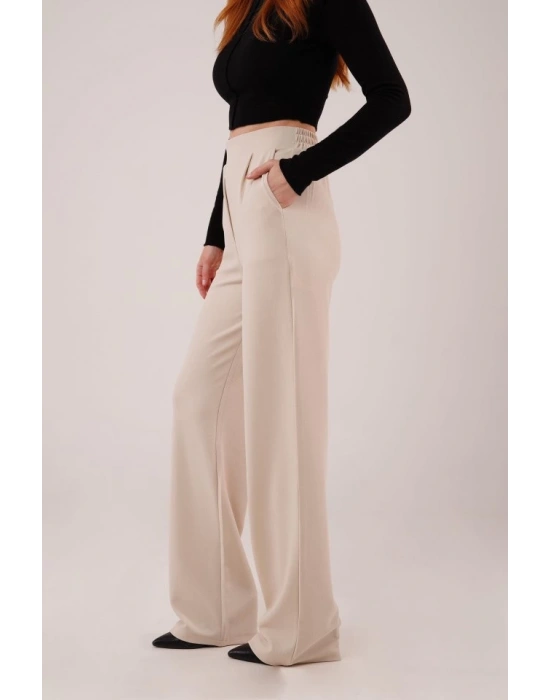 Yüksek Bel Bol Paça Krep Krem Pantolon