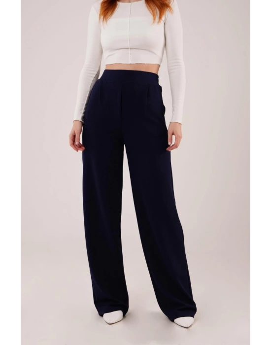 Yüksek Bel Bol Paça Krep Lacivert Pantolon
