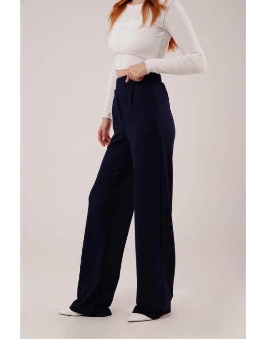 Yüksek Bel Bol Paça Krep Lacivert Pantolon