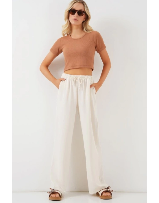 Yüksek Bel Bol Paça Pantolon  Krem