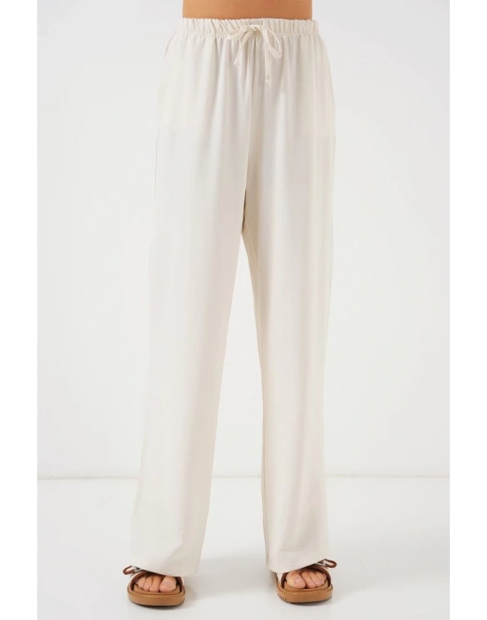 Yüksek Bel Bol Paça Pantolon  Krem