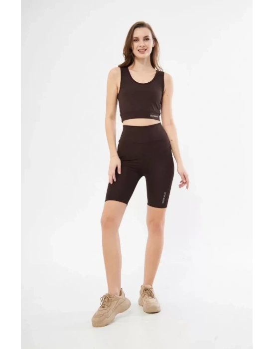 Yüksek Bel Dalgıç Croplu Biker Şortlu Takım  Kahve