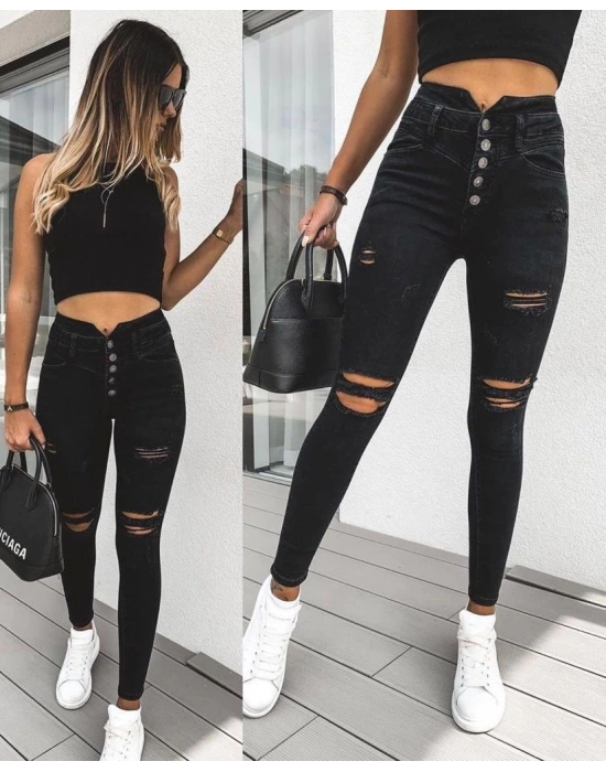 Yüksek Bel Düğme Ve Yırtık Detaylı Kot Pantolon Jean 92cm