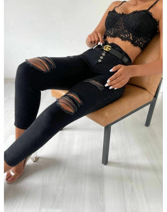 Yüksek Bel Düğme Ve Yırtık Detaylı Kot Pantolon Jean 92cm