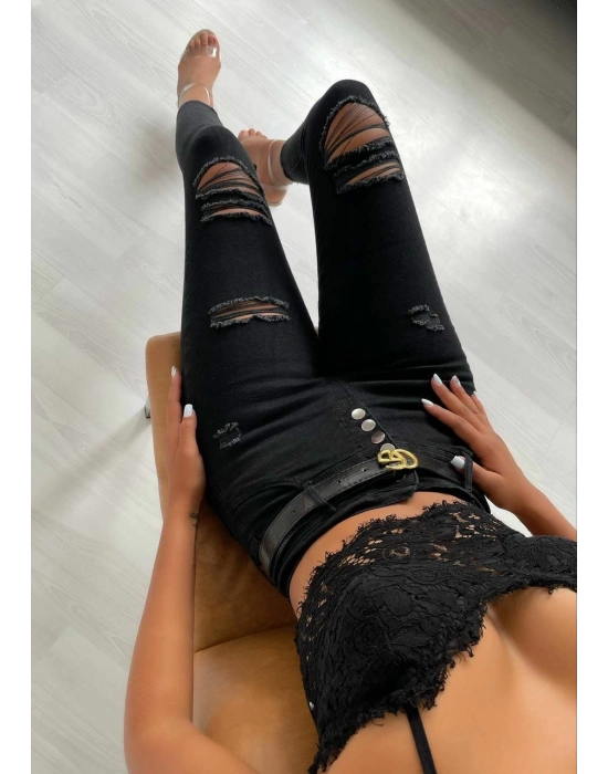 Yüksek Bel Düğme Ve Yırtık Detaylı Kot Pantolon Jean 92cm