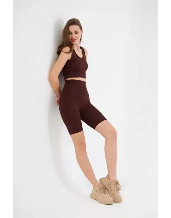 Yüksek Bel Fitilli Croplu Biker Şortlu Takım  Bordo