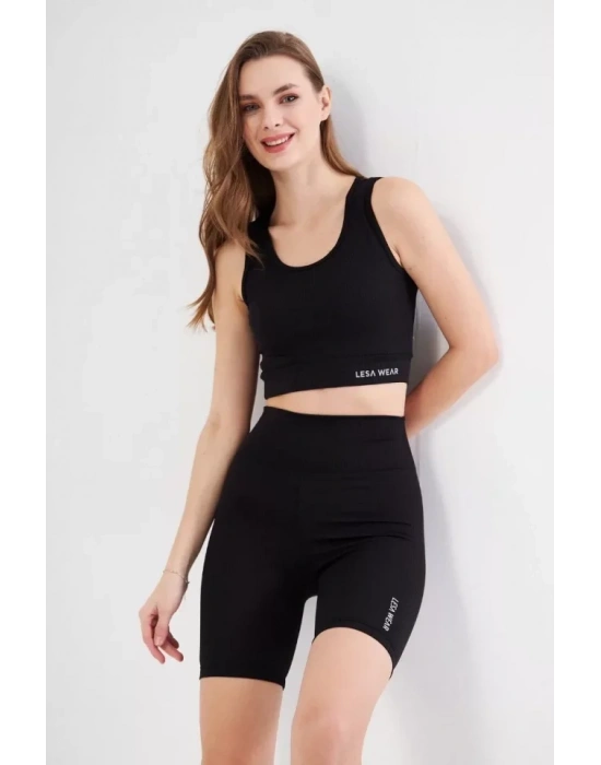 Yüksek Bel Fitilli Croplu Biker Şortlu Takım  iyah