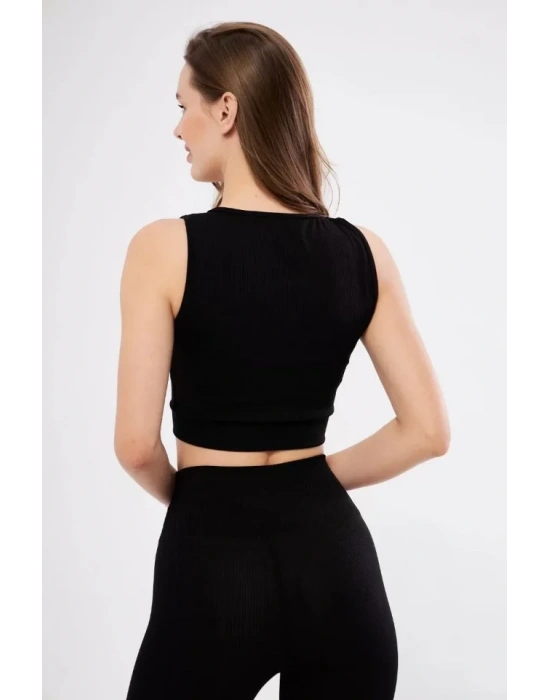 Yüksek Bel Fitilli Croplu Biker Şortlu Takım  iyah