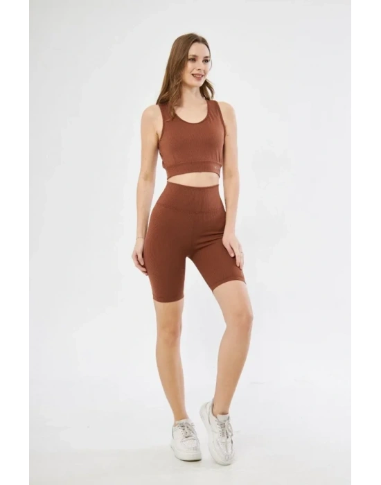 Yüksek Bel Fitilli Croplu Biker Şortlu Takım  Kahve