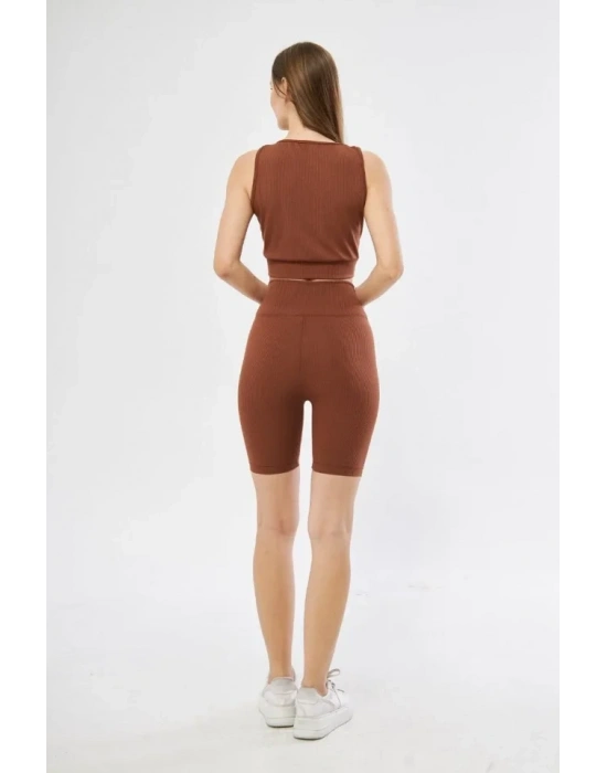 Yüksek Bel Fitilli Croplu Biker Şortlu Takım  Kahve