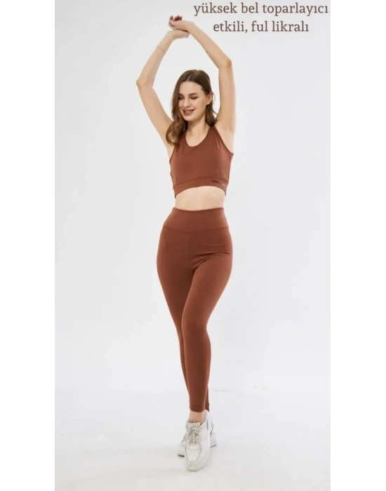 Yüksek Bel Fitilli Croplu Biker Şortlu Takım  Kahve