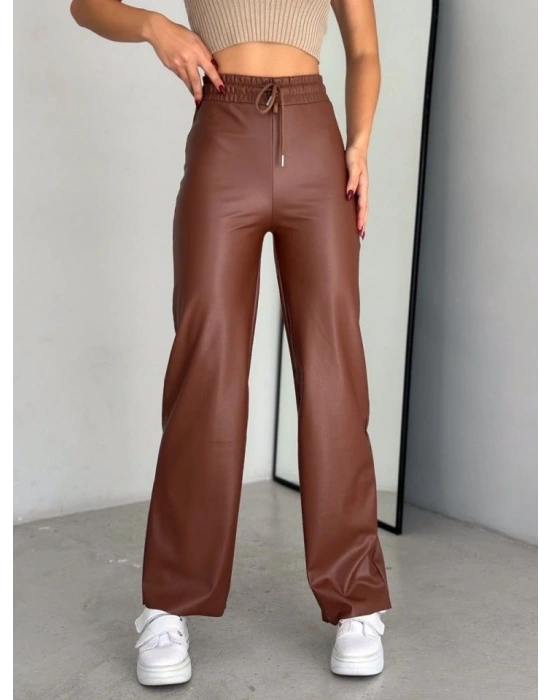 Yüksek Bel Geniş Paça Içi şardonlu Deri Pantolon.