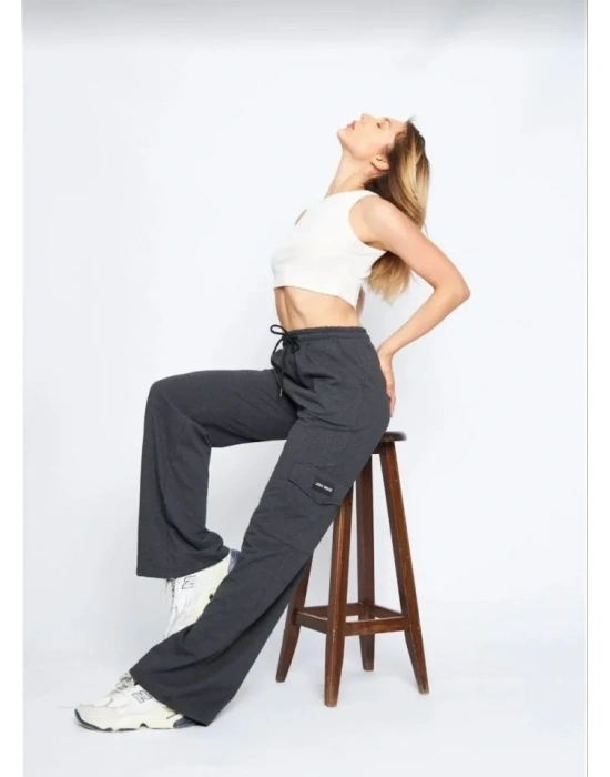 Yüksek Bel Kargo Cepli Palazzo Pantolon Oversize Bol Paça İki İplik Rahat Kesim  Antrasit