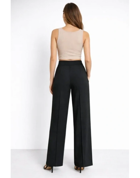 Yüksek Bel Palazzo Pantolon Çima Dikişli Bol Paça Akıcı Kumaş Günlük Ve Ofis Şıklığı  Siyah