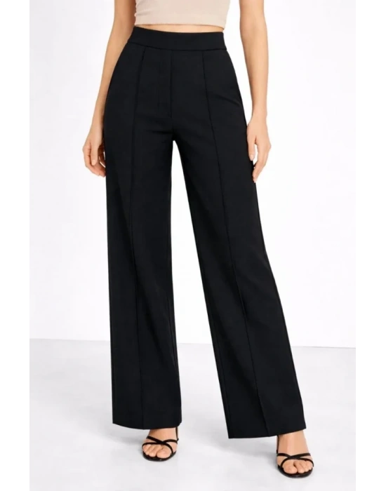 Yüksek Bel Palazzo Pantolon Çima Dikişli Bol Paça Akıcı Kumaş Günlük Ve Ofis Şıklığı  Siyah