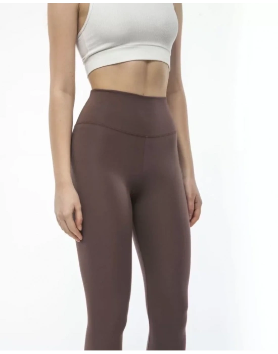 Yüksek Bel porcu Düz Tayt  Kahverengi