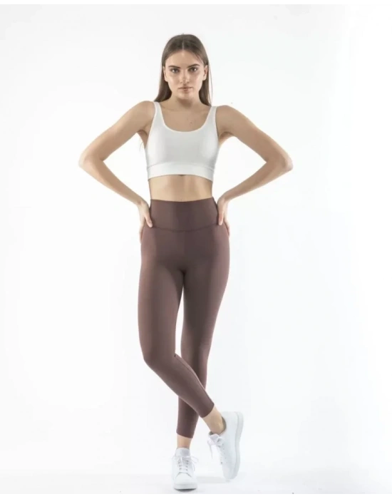 Yüksek Bel porcu Düz Tayt  Kahverengi