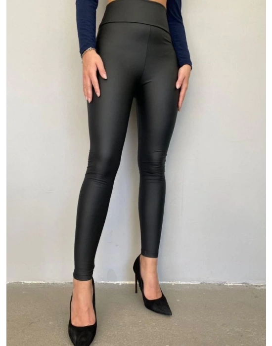 Yüksek Bel Toparlayıcı İçi Şardonlu Deri Tayt