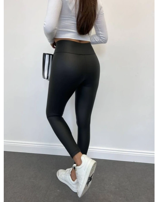 Yüksek Bel Toparlayıcı İçi Şardonlu Deri Tayt