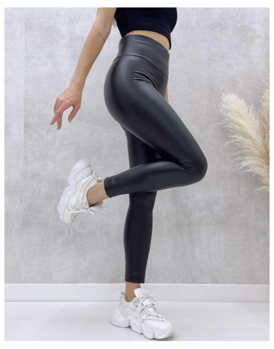 Yüksek Bel Toparlayıcı İçi Şardonlu Deri Tayt