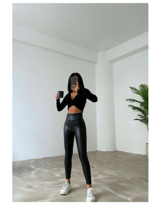 Yüksek Bel Toparlayıcı İçi Şardonlu Deri Tayt