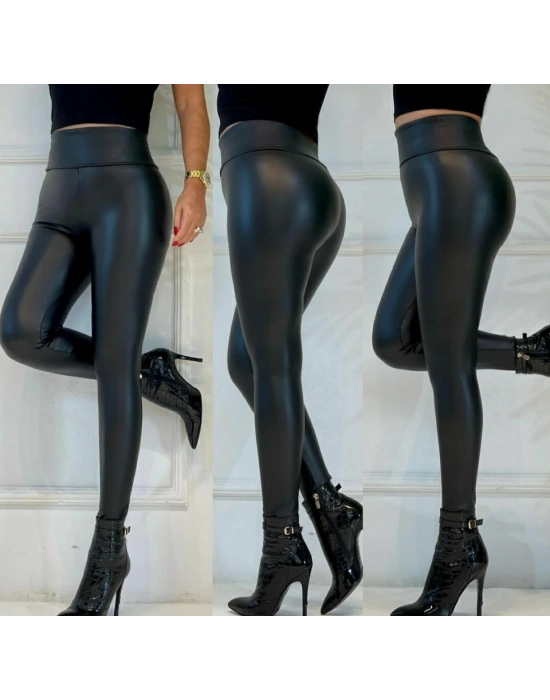 Yüksek Bel Toparlayıcı İçi Şardonlu Deri Tayt