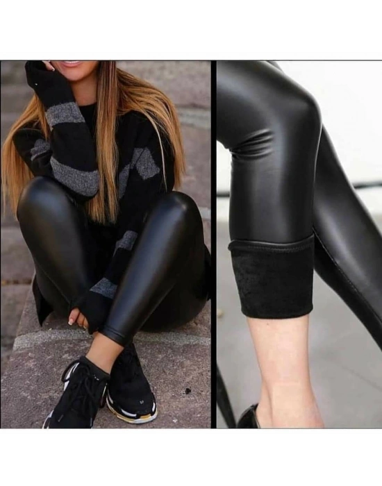 Yüksek Bel Toparlayıcı İçi Şardonlu Deri Tayt