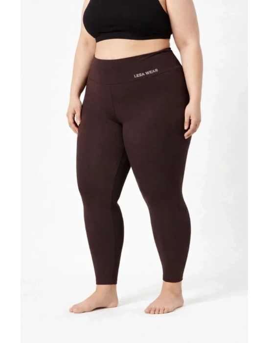 Yüksek Bel Toparlayıcı Likralı Dalgıç Spor Tayt Esnek Battal Büyük Beden  Kahverengi