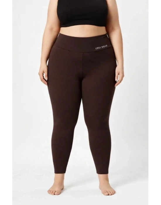 Yüksek Bel Toparlayıcı Likralı Dalgıç Spor Tayt Esnek Battal Büyük Beden  Kahverengi