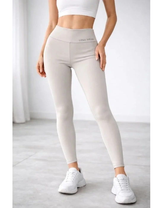 Yüksek Bel Toparlayıcı Likralı Dalgıç Spor Tayt Esnek Rahat Kalıp  Bej