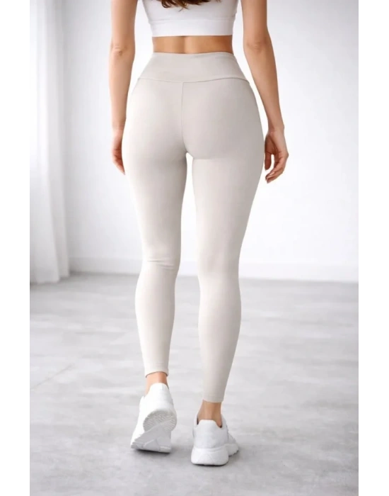 Yüksek Bel Toparlayıcı Likralı Dalgıç Spor Tayt Esnek Rahat Kalıp  Bej