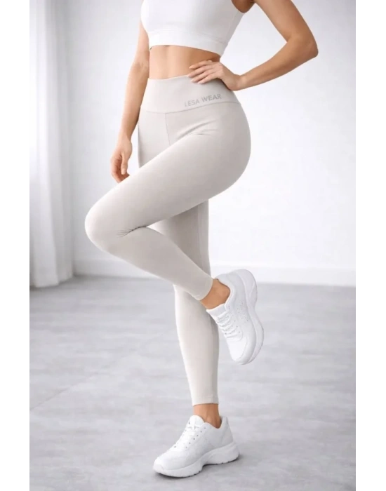 Yüksek Bel Toparlayıcı Likralı Dalgıç Spor Tayt Esnek Rahat Kalıp  Bej