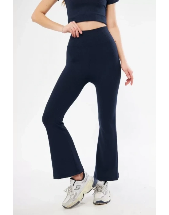 Yüksel Bel Fitilli İspanyol Paça Tayt  acivert