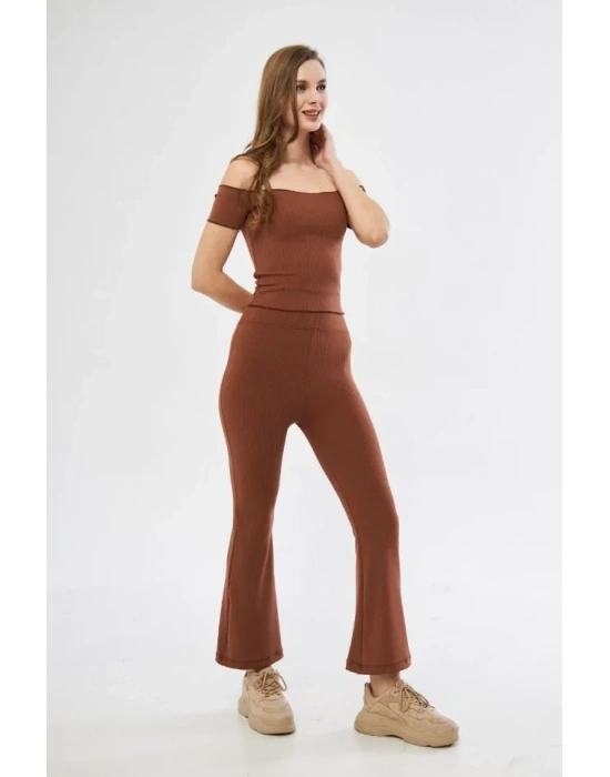 Yüksel Bel Fitilli İspanyol Paça Tayt  Kahve