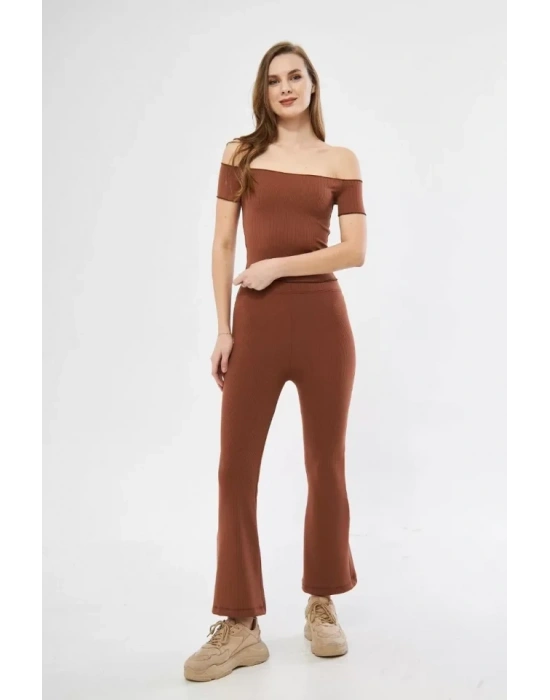 Yüksel Bel Fitilli İspanyol Paça Tayt  Kahve