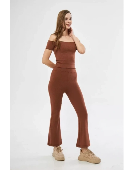 Yüksel Bel Fitilli İspanyol Paça Tayt  Kahve