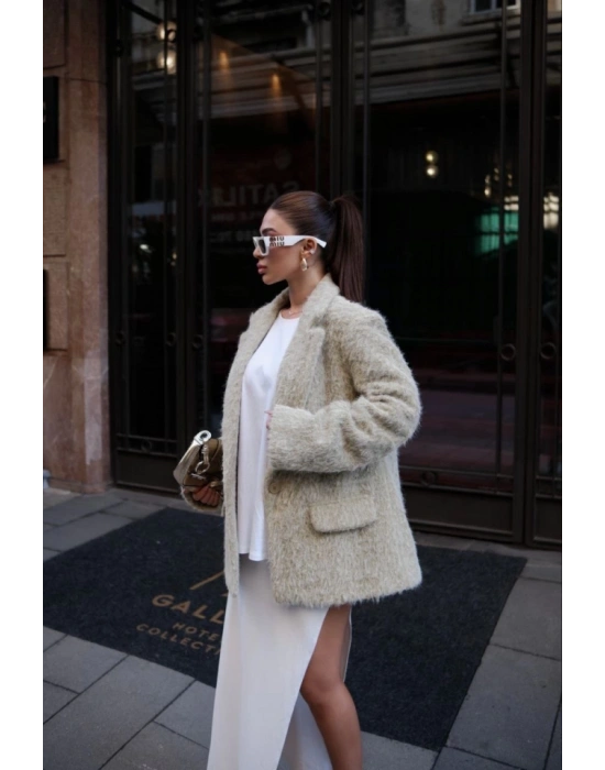 Yün Keçe Görünümlü Blazer Ceket Kaban Çimen Yeşili