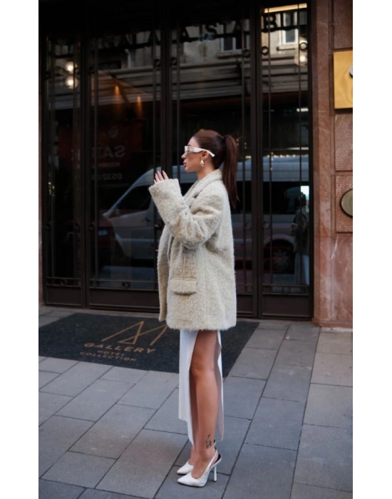 Yün Keçe Görünümlü Blazer Ceket Kaban Çimen Yeşili