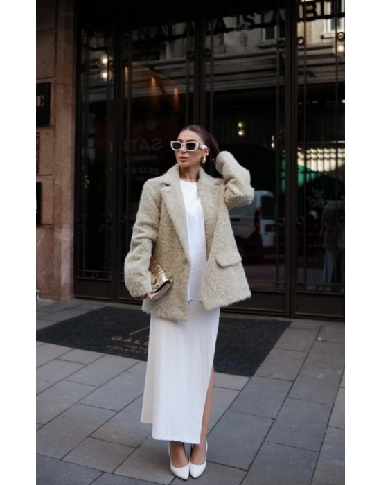 Yün Keçe Görünümlü Blazer Ceket Kaban Çimen Yeşili