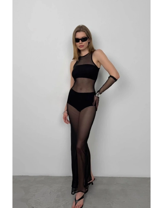 Yüzücü Yaka Maxi Tül Elbise