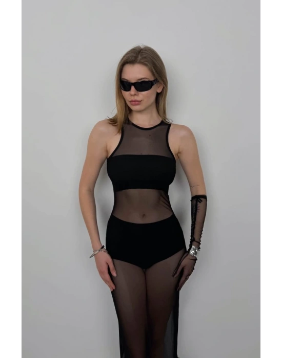 Yüzücü Yaka Maxi Tül Elbise