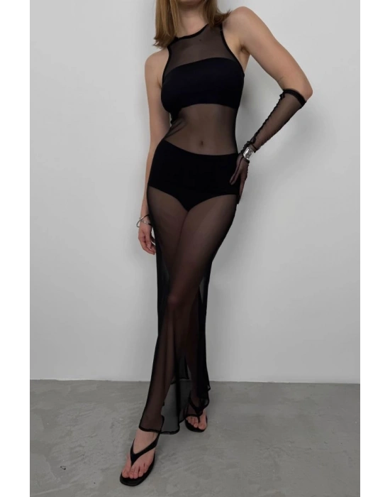 Yüzücü Yaka Maxi Tül Elbise