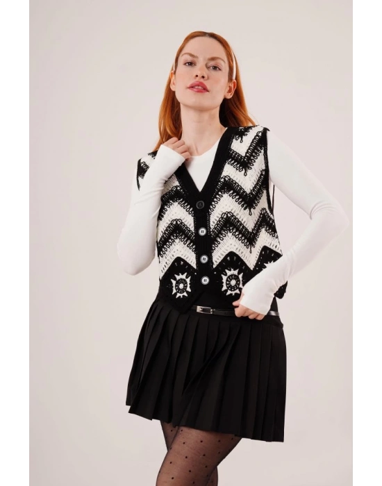 Zikzak Geçişli Triko Örme Siyah Yelek
