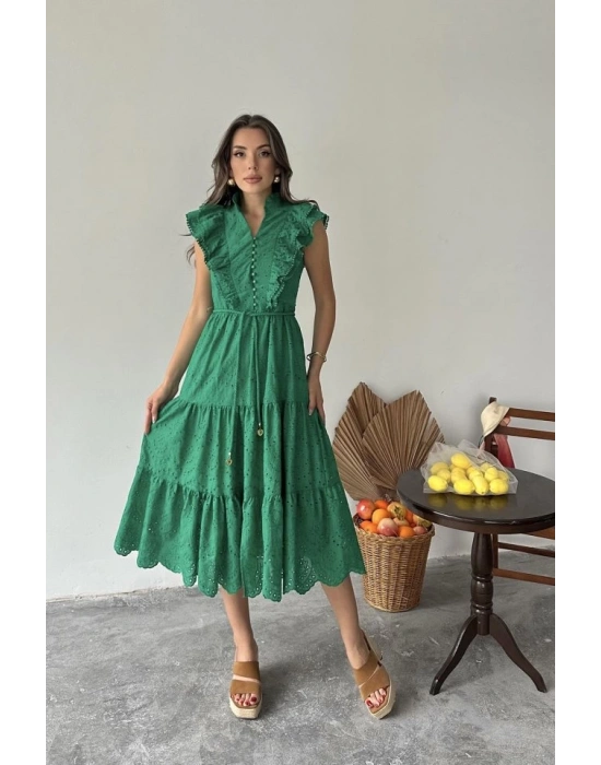 Zümrüt Fırfırlı Düğmeli Elbise