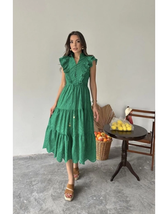 Zümrüt Fırfırlı Düğmeli Elbise